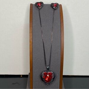 Statement Red Crystal Heart Necklace & Earrings Set Gunmetal Valentine Gothic